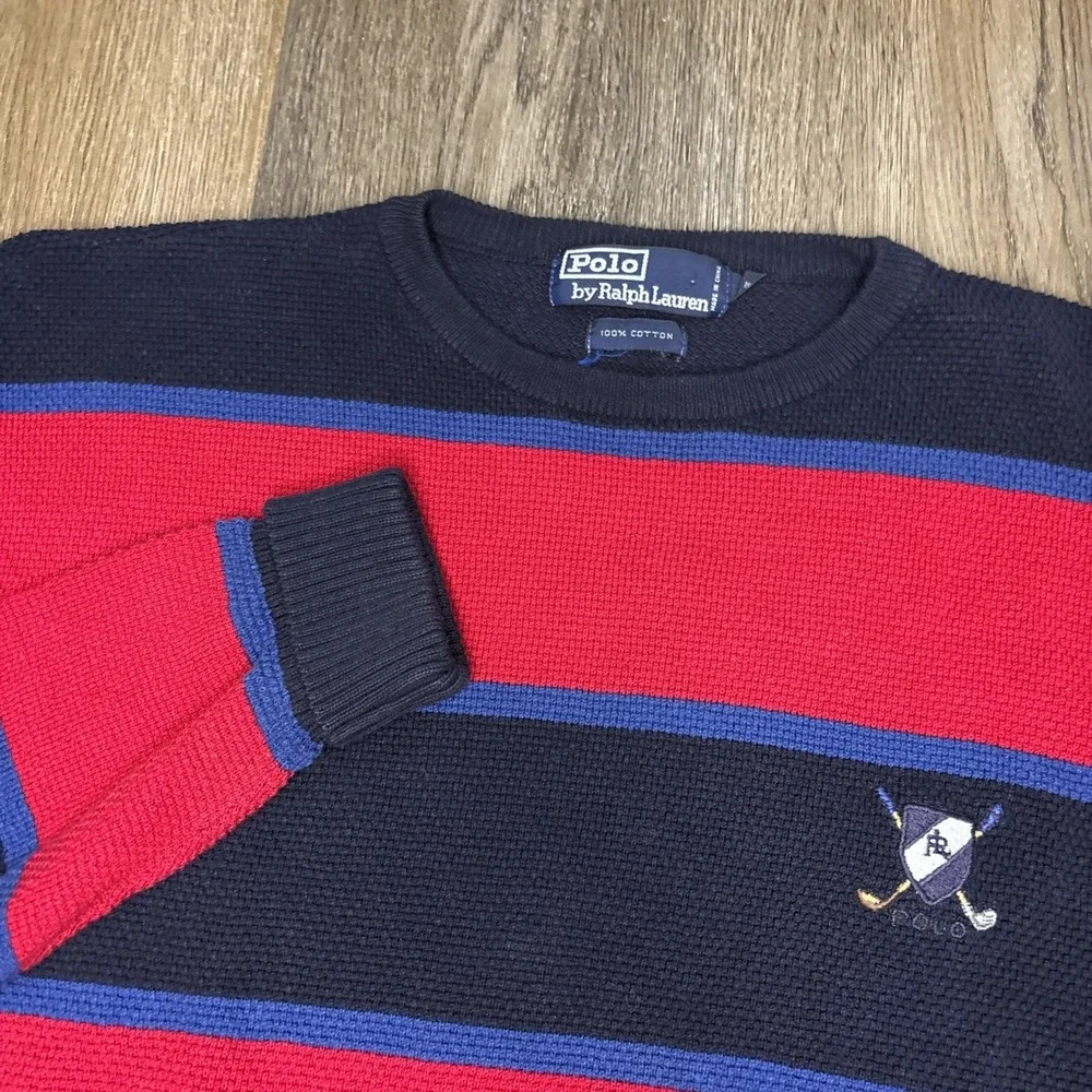 Polo Ralph Lauren Striped Sweater Mens Medium Red Navy Golf Crest Cotton Vintage